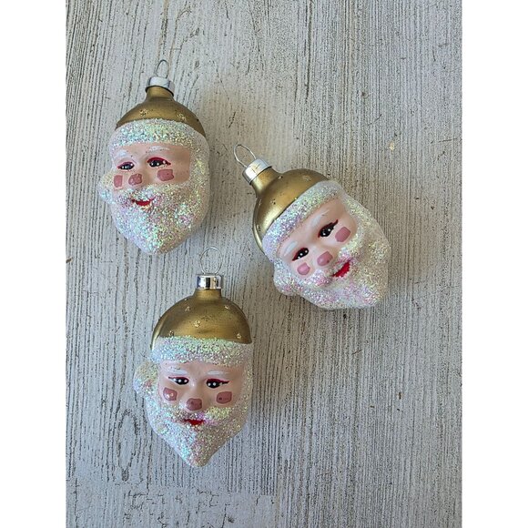 Vintage gold Santa glitter bust ornament glass Xmas tree - Picture 1 of 8